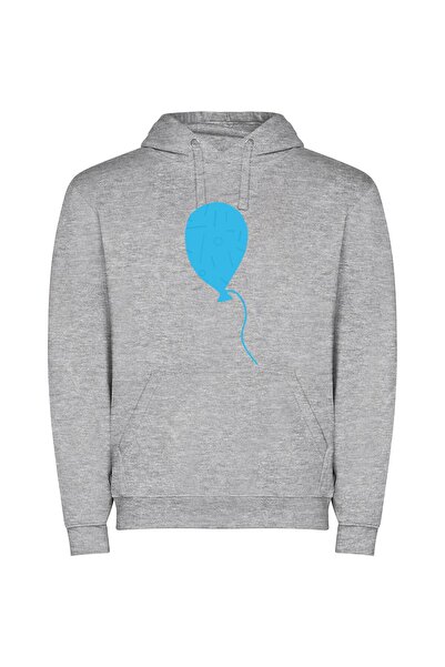 iLovePrints Floating Joy: Blue Balloon Φούτερ με κουκούλα σε χρώμα Γκρι