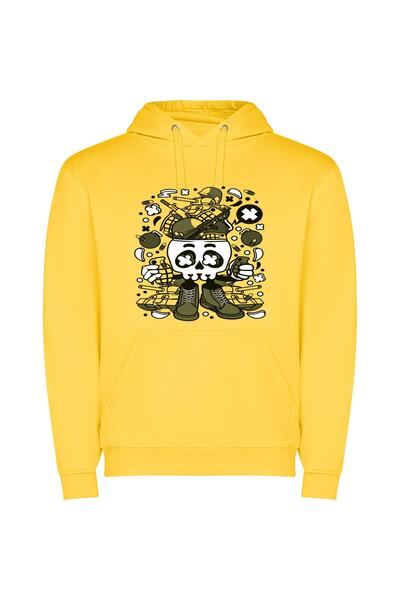 iLovePrints Skull Slam: McBess Illustration Φούτερ με κουκούλα σε χρώμα Κίτρινο