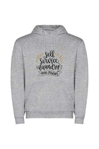 iLovePrints 24-Hour Self-Service Laundry Φούτερ με κουκούλα σε χρώμα Γκρι