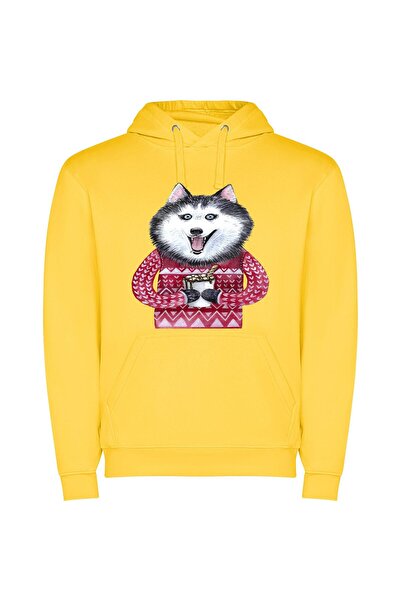 iLovePrints Artful Husky Indulgence Φούτερ με κουκούλα σε χρώμα Κίτρινο