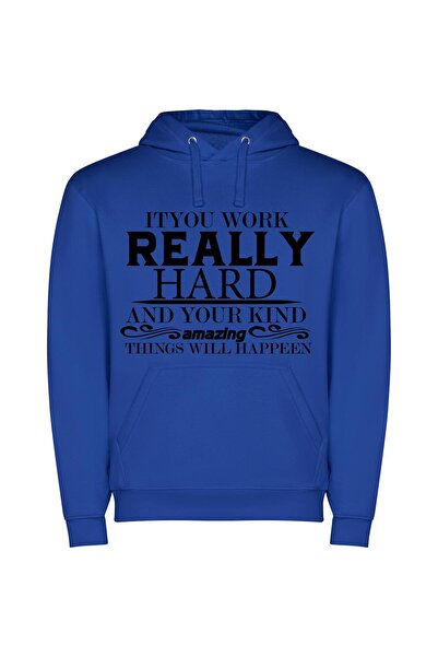 iLovePrints Hard Work, Amazing Results Φούτερ με κουκούλα σε χρώμα Μπλε