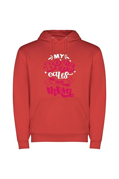 iLovePrints Boss Mom Style Stickers Φούτερ με κουκούλα σε χρώμα Κόκκινο