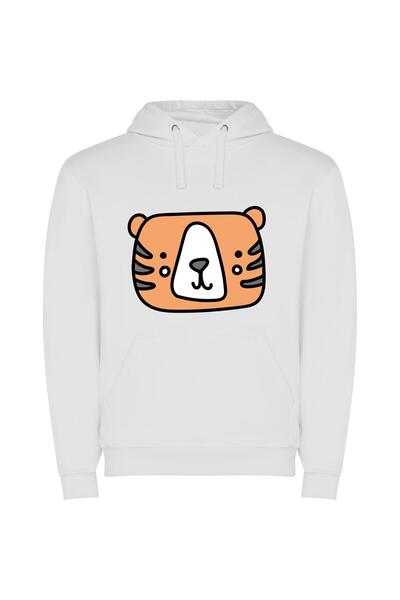 iLovePrints Beaming Tiger Portrait Φούτερ με κουκούλα σε χρώμα Λευκό