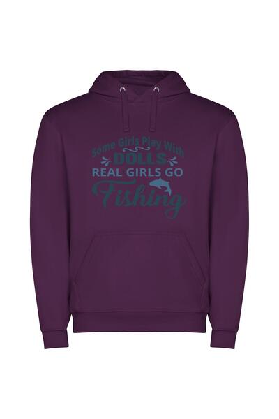 iLovePrints Fishing Real Girls: Authentic Φούτερ με κουκούλα σε χρώμα Μωβ