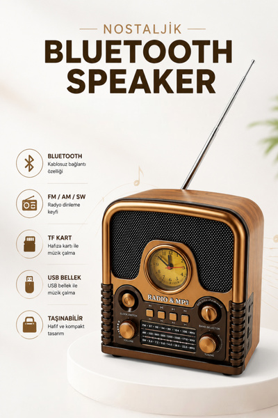 Kensa Retro Bluetooth Hoparlör Radyo | FM AM SW Radyo | Bluetooth 5.0 | TF Ka...