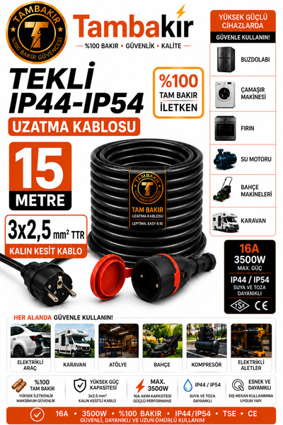 Tambakır 5-50 Metre 3x2,5mm TTR Tekli Kauçuk Topraklı Uzatma Kablosu %100 Tam...