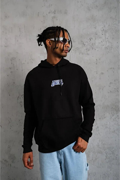 oniks store Men's Printed Oversize Three-Thread Hooded Sweatshirt - Black