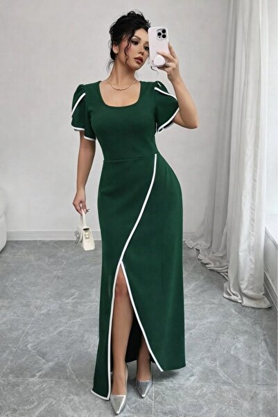Gökyüzü Moda فستان نسائي من الكريب بأكمام قصيرة وياقة مربعة وتفاصيل قص متقاطع...