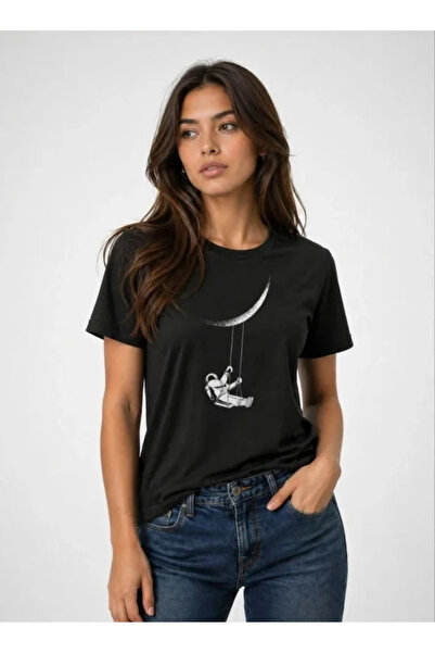 Gökyüzü Moda Astronaut Moon Themed T-Shirt Short Sleeve Summer Crew Neck T-Sh...