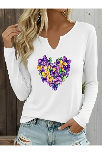 mercoledi Heart Printed Cotton Half V-Neck Long Sleeve Blouse