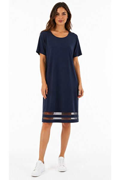 Neden Tekstil Women's Navy Blue T-Shirt Dress with Transparent Detail