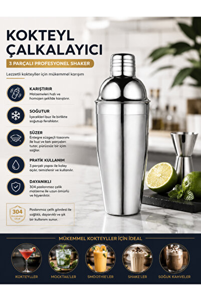 SUNVERA ÇELİK 350 ml 3 Parçalı 304 Paslanmaz Çelik Kokteyl Shaker – Süzgeçli ...