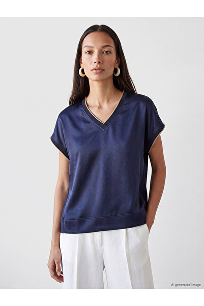 LC Waikiki Navy Blue V-Neck Oversize Women's T-Shirt