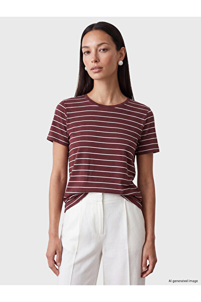 LC Waikiki Burgundy bicycle collar striped women's t-shirt