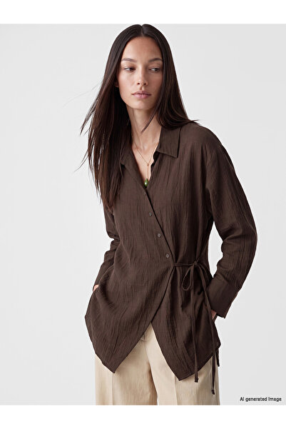 LC Waikiki Brown Double-Breasted Collar Women's Shirt Tunic