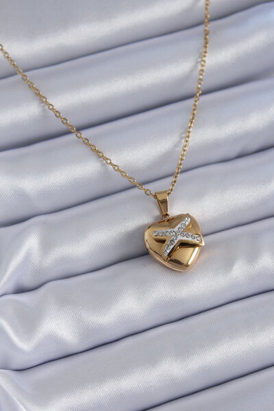 DMR Elegance 316L Steel Gold Color Zircon Detail Heart Model Women's Necklace