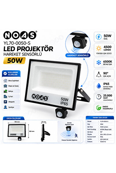 Noas Hareket Sensörlü LED Projektör 50W IP65 6500K 4500 Lümen