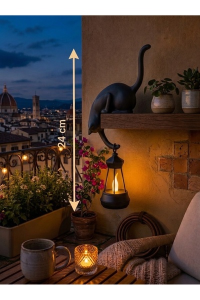 Filkorium3D Askılı Kedi Raf Dekoru 24 cm - LED Fenerli Minimalist Salon, Balkon , Raf ve Ev Aksesuarı Dekoratif Obje - MUM HEDİYELİ