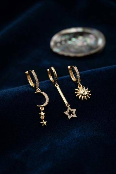 ARMÜZ Set of 3 Moon Star and Sun Model Gold Color Women's Earrings