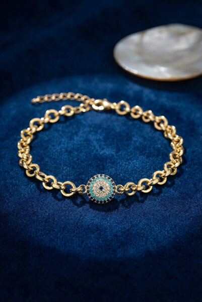 ARMÜZ Gold Color Zircon Stone Evil Eye Model Brass Women's Bracelet