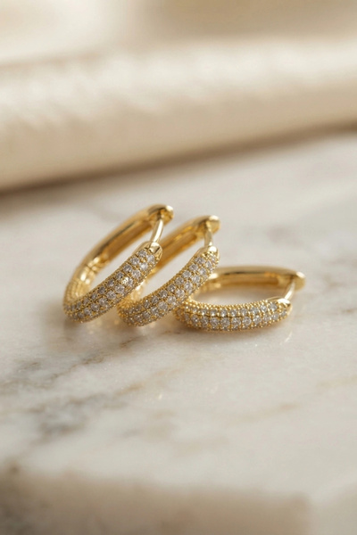 ARMÜZ Set of 3 Gold Color Zircon Stone Square Hoop Earrings