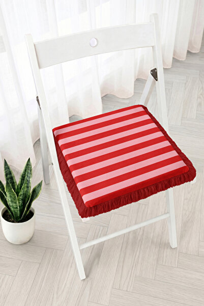 Realhomes Red and Pink Striped Patterned Fringed Zippered Chair Cushion - Pat...