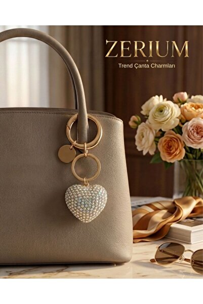 ZERİUM Trendy Bag Charm and Ornament Keychain with Crystal Stones and Heart F...