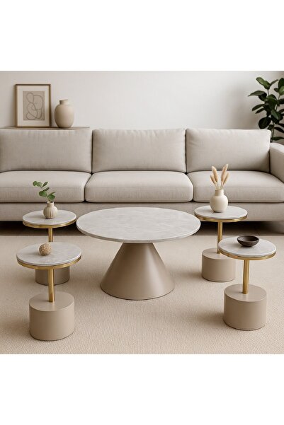 GLAMOURE HOME طقم طاولات خدمة وضيافة مودرن بتصميم مخروطي وأسطح رخامية (يتكون ...