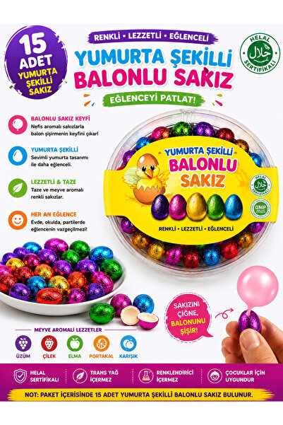 15 Adet Yumurta Şekilli Balonlu Sakız Renkli Folyo Kaplı Meyve Aromalı Eğlenceli Sakız Bubble Gum