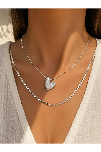 SEZİNİN TAKI DÜKKANI Set of 2 Women's Necklaces with Curved Zircon Stone Details