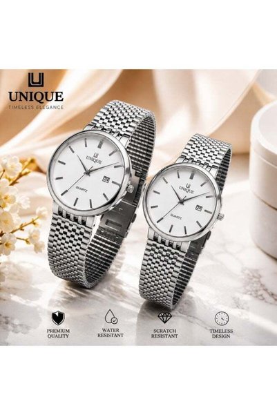 Genericc UNIQUE Couple Watch Set for Men & Women – Stainless Steel Quartz Analog Watches with Date Display, Silver Matching His & Her Wrist Watch Pair