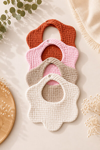 3Baby 4'lü %100 Organik Pamuklu, 8 Katlı Müslin Bebek Mama Önlük & Salya Önlüğü