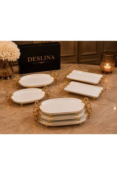 Deslina 7 Piece Porcelain Presentation Set with Gold Feet, Breakfast Serving ...