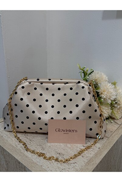 Glowisters Jewelry Kadın Krem Saten Puantiyeli Zincir Askılı Burslu Omuz Ve E...