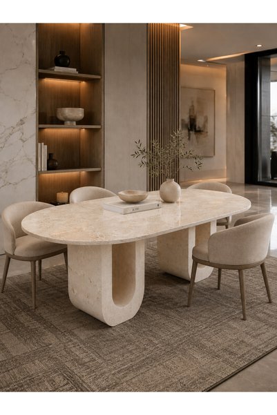 ESİLA MARBLE Lüks Doğal Traverten Yemek Masası – El Yapımı Oval Mermer Görünü...