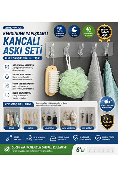 Genel Markalar Kendinden Yapışkanlı 6'lı Kancalı Askı Seti Delmeden Montaj Ba...