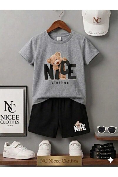 Leto Lykia Summer Children's T-Shirt Shorts Unisex (Black with Nice Bear Print)