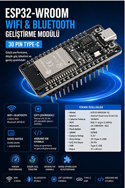RoboPazar ESP32-WROOM Wifi ve Bluetooth Modülü - 30 Pin Type C