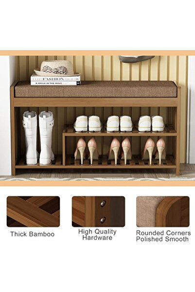 GENERAL Bamboo 2-Shelf Shoe Rack Bench with Cushion, Rustic Style, Tiered She...