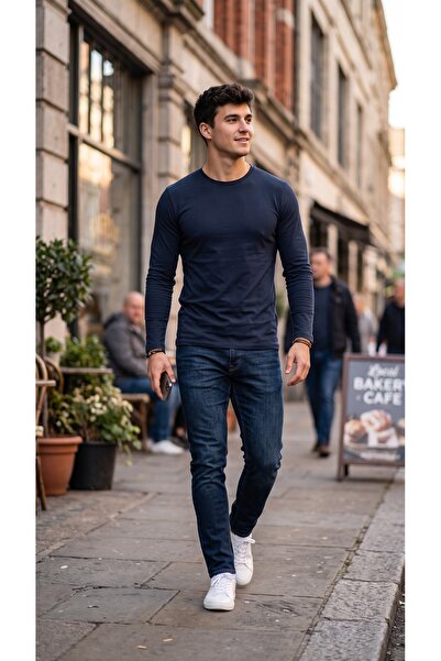 AHMERA Navy Blue Men's Regular Fit Long Sleeve Basic T-Shirt
