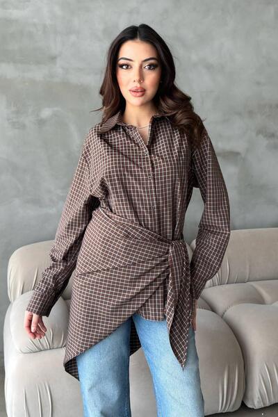 Clothes Fast Women's Brown Shirt with Plaid Pattern, Oversized, Shawl Detail,...