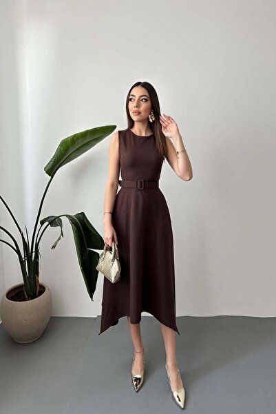 Moda Days Γυναικείο καφέ ασύμμετρο φόρεμα με ζώνη στο τελείωμα, μίντι σατέν α...