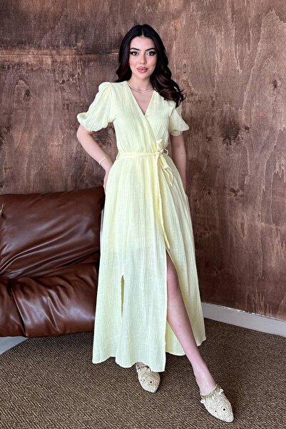 Clothes Fast فستان نسائي طويل من الموسلين باللون الأصفر، بياقة مزدوجة الصدر و...