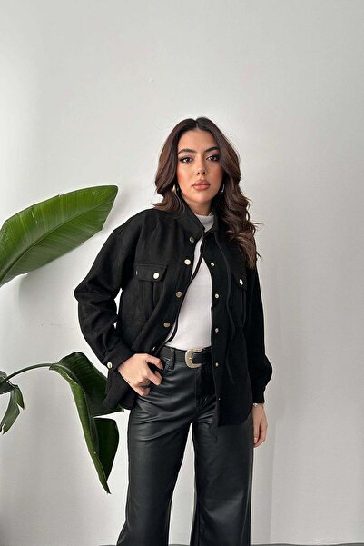 Clothes Fast Women's Black Suede Shirt with Stand Collar, Snap Buttons, Doubl...