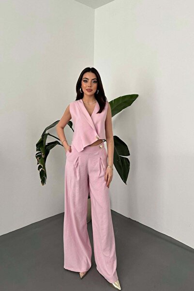 Clothes Fast طقم سترة وبنطلون نسائي باللون الوردي، سترة غير متماثلة مع بنطلون...
