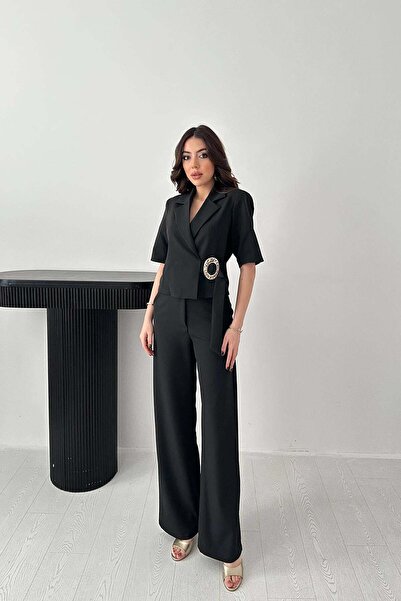 Clothes Fast طقم سترة وبنطلون نسائي أسود اللون، سترة بأزرار وبنطلون، سترة بأك...