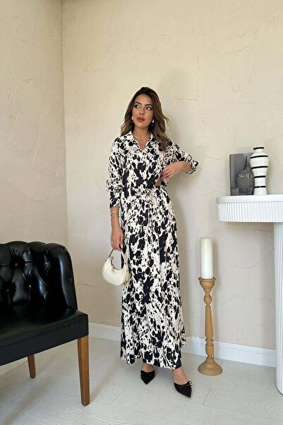 Clothes Fast Γυναικείο μπεζ μαύρο πουκάμισο με φούστα, με σχέδιο, με κορδόνια...