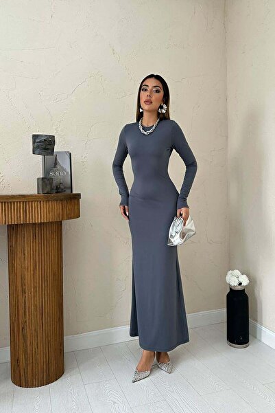 Clothes Fast فستان نسائي طويل باللون الرمادي بقصة ضيقة وياقة دائرية وأكمام طو...