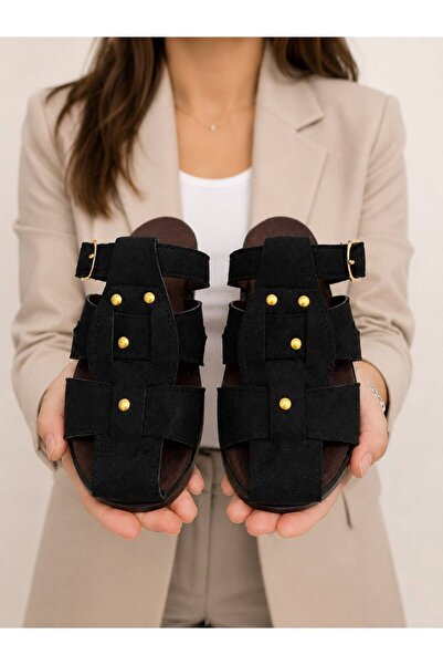 PAPUCUMUN DÜNYASI Women's Close-Toe Suede Textured Buckle-Strap Flat Sole Dai...
