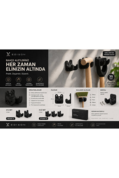 Duvar Tipi Bahçe Aleti Askılığı 2’li Set | Sap Tutucu | Garaj ve Depo Düzenleyici